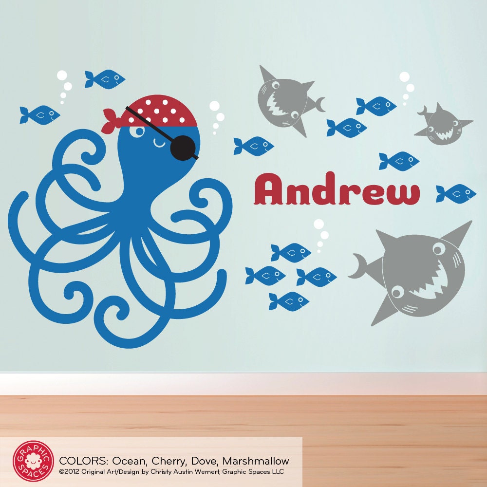 nursery decals wall stars for Kids Name Pirate Decal: Wall Nursery Ocean Sharks Fish Octopus