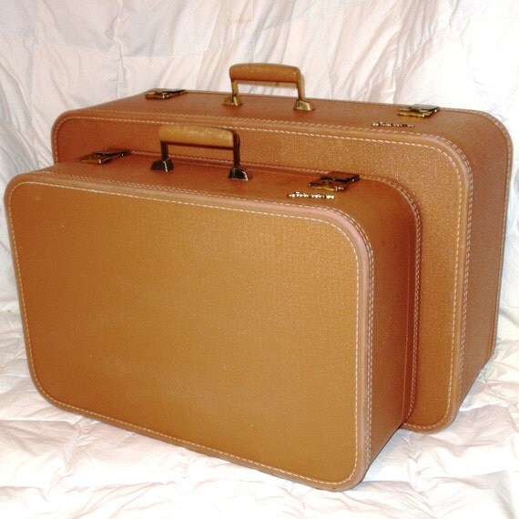 Vintage 1950s Suitcase TWO PIECE LUGGAGE SET in Camel