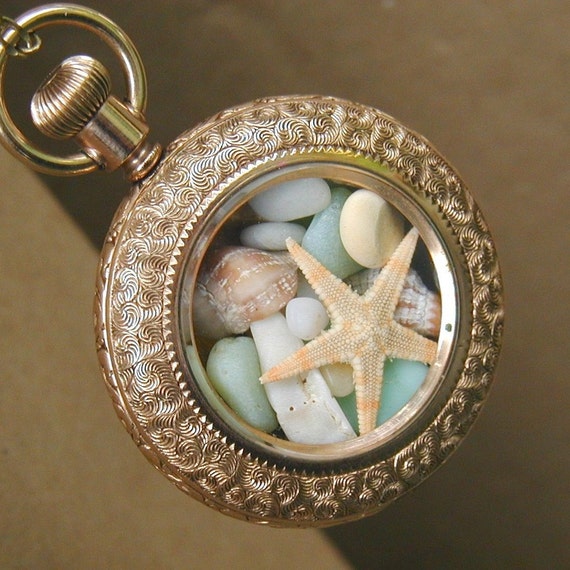 Precious Cargo Antique 14k GF Pocket Watch Locket Sea Glass