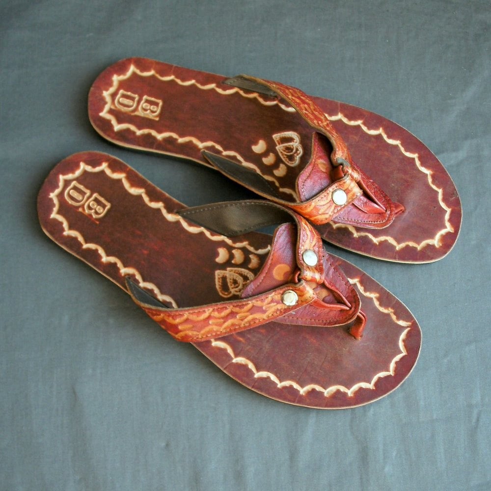double strap tooled leather sandals