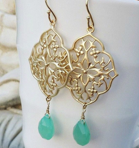 Gold Chandelier Earrings Bohemian Dangle Green by LunarBelle