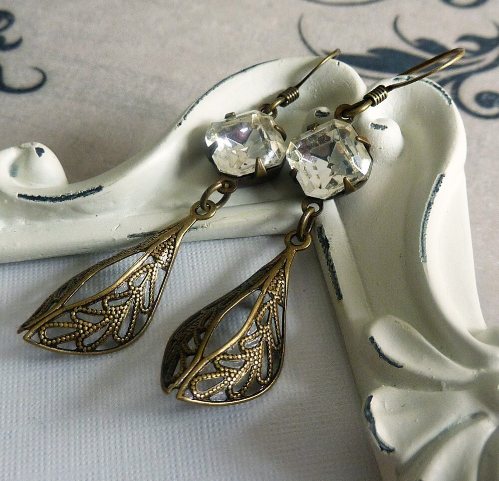 Vintage Crystal and Antique Bronze Leaf Dangle Earrings