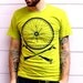 Bike Wheel and Crossbones T-Shirt - Chartreuse Shirt with Black Bicycle Print TShirt - Available in XS, S, M, L, XL and XXL