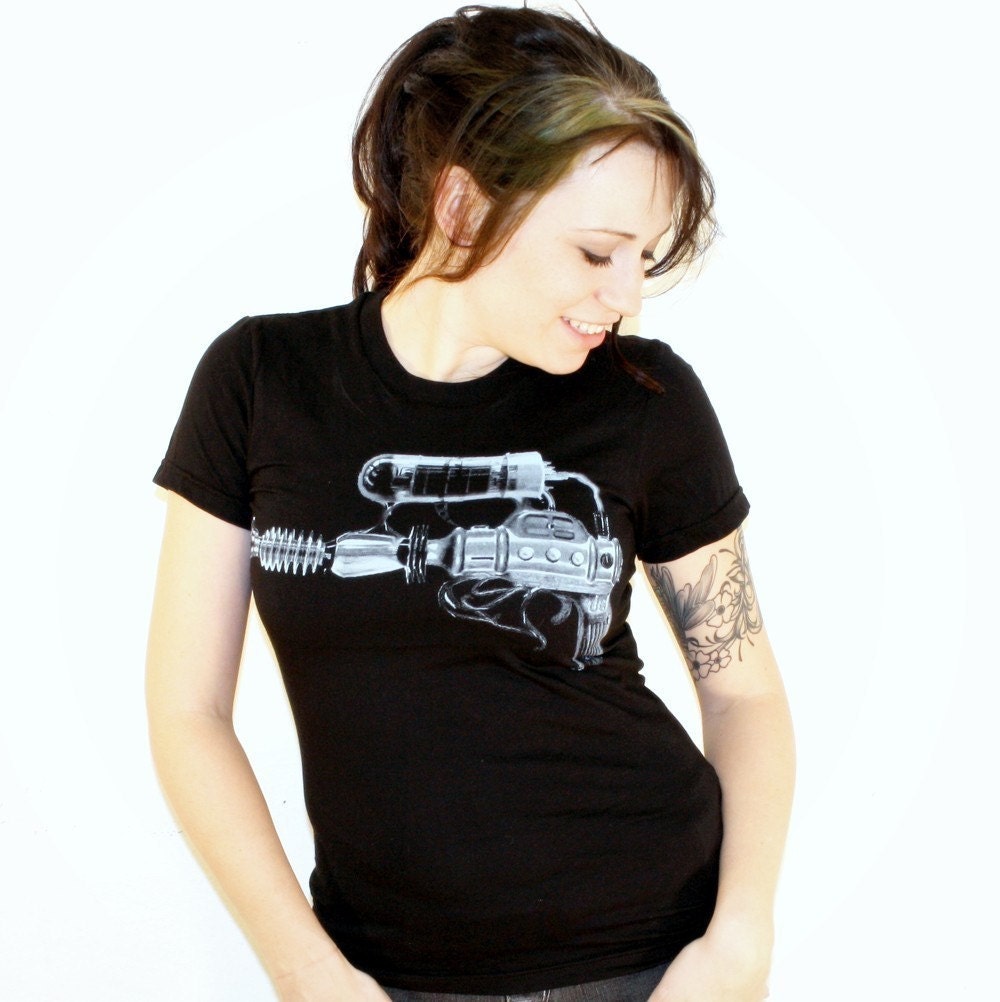 Steampunk Blaster Raygun Print on Black Ladies American Apparel TShirt - Free Shipping - Available in Small, Medium, Large and Extra Large