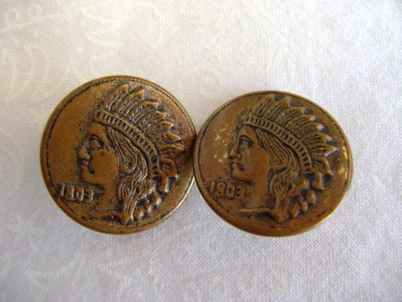 Pair INDIAN HEAD 1803 PENNIES VINTAGE BUTTONS by AddVintage