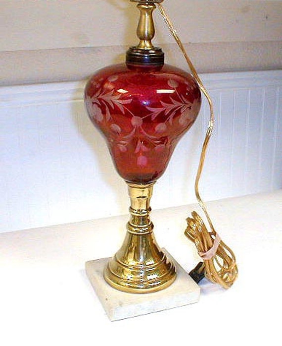 Vintage Cranberry Etched Glass Table Lamp On Marble Base