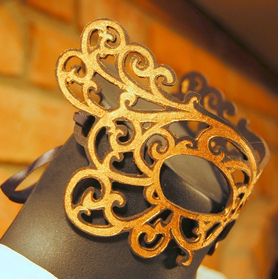 Leather Scroll Mask Black Leather with Gold Design