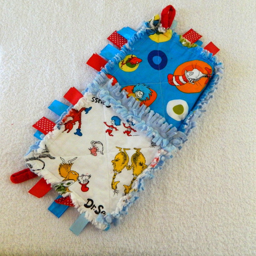 Dr Seuss Blue & White Rag Tag Ribbon Blanket with minky