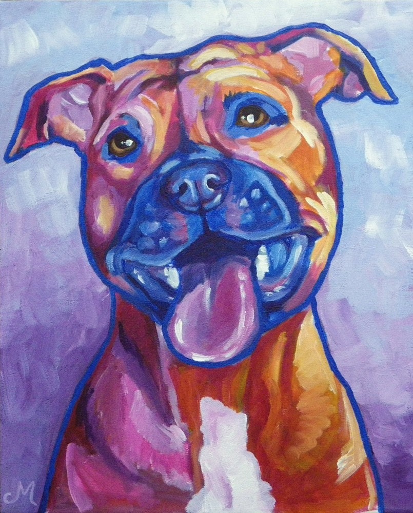 Original Acrylic Painting Pit Bull Smile Dog Painting by Morian