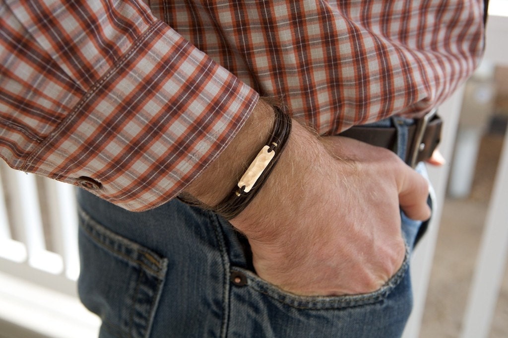 Men's Leather Bracelet Man's Bronze Bracelet Pounded