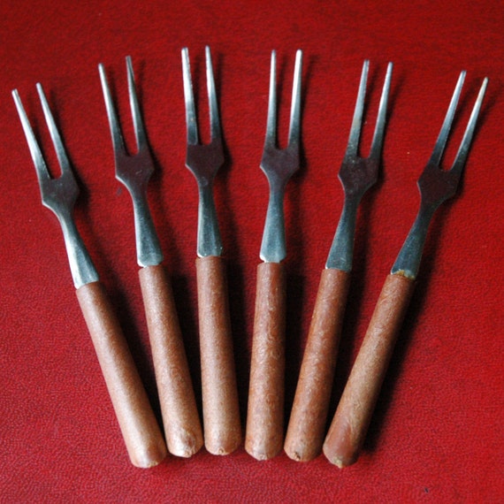 Vintage COCKTAIL Stainless Steel FORKS and KNIVES with Wood