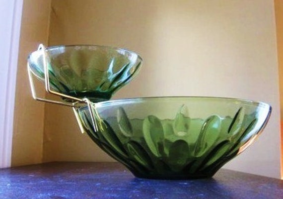 Vintage Green Glass Bowl Set Serving Chips And Dip Bowls