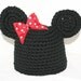 Child size handmade black winter hat with mouse ears and bow - cute warm and fun
