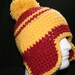 XL Handmade winter hat ranch red and yellow with ear flaps and a yellow pom pom