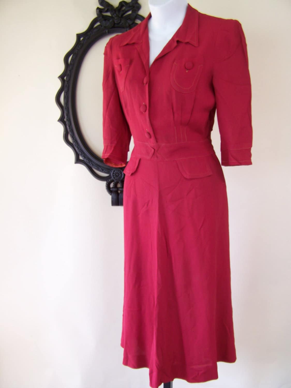 1940s Red Dress/ 1940 Vintage dress red/ Size by orangeonbroadway