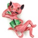 Telephone Teen - Vintage 1950s Novelty Brooch, Pink Cat on a Telephone with Green Rhinestone Eyes and Book, Very Unusual