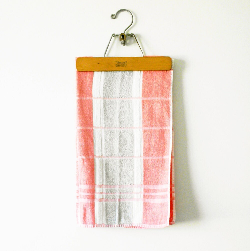 Coral and Gray Striped Vintage Bath Towel