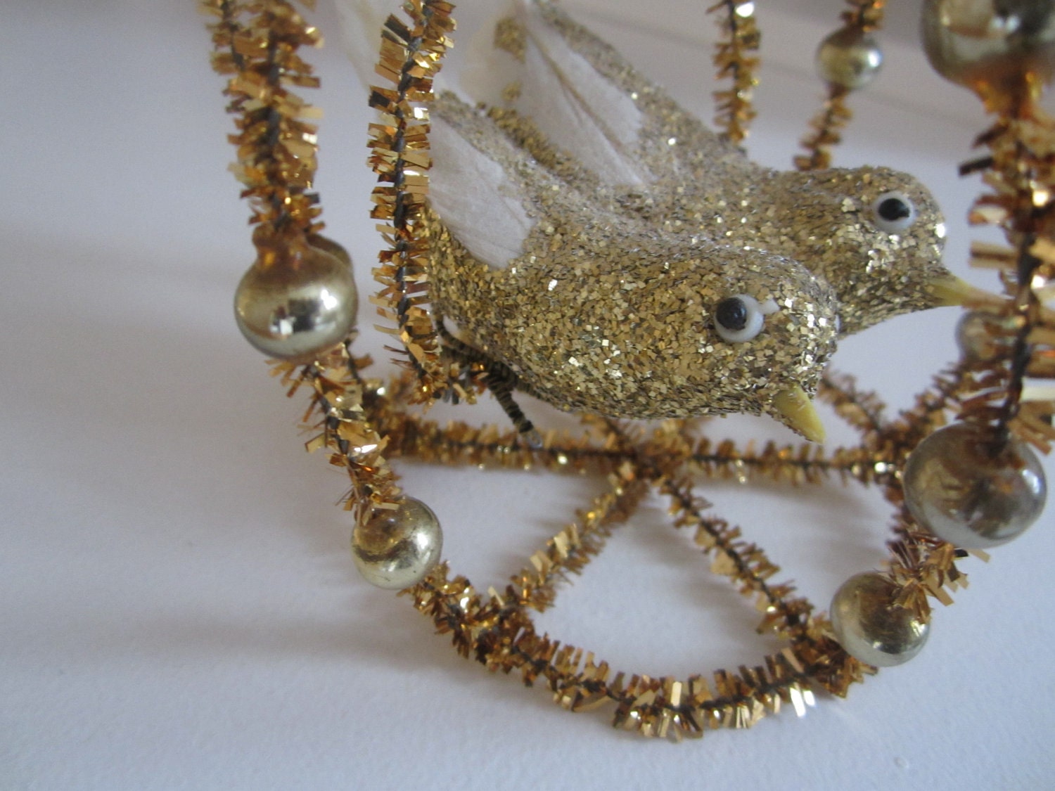 SALE Vintage Christmas Ornament Bird Cage Spun Cotton Birds