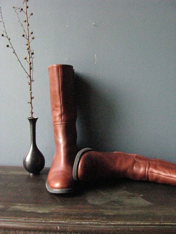 Leather Boots Brown Low Heel Womens 435 Vintage at NowVintage