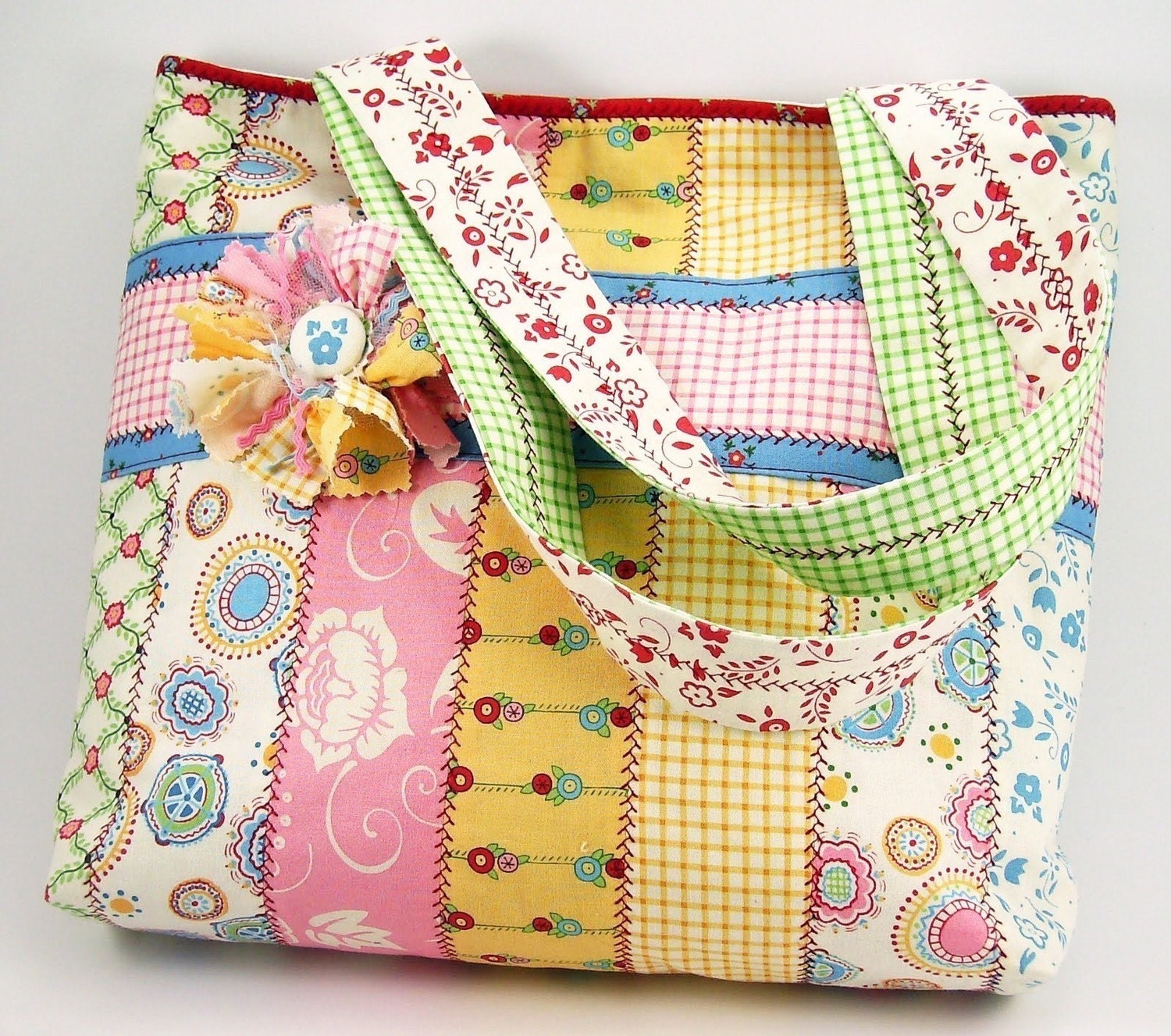 jelly roll tote bag and fabric flower brooch by sundaygirldesigns jelly roll tote bag and fabric flower brooch by sundaygirldesigns