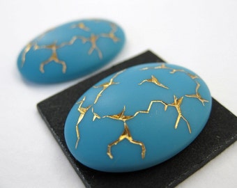 Vintage Cabochons Turquoise Blue Glass With Gold Lines Carved Effect Oval 25x18mm gcb0145 (2)