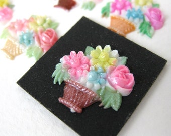 Vintage Plastic Cabochon, Flower Basket, Japan, Hand painted, 17x16mm pcb0103 (6)