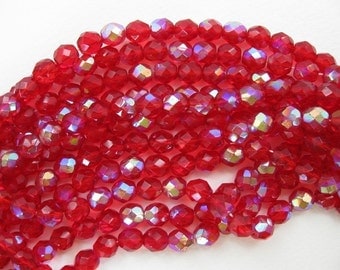 Vintage Glass Beads, Ruby Red Faceted AB Aurora Borealis 8mm vgb0174 (18)