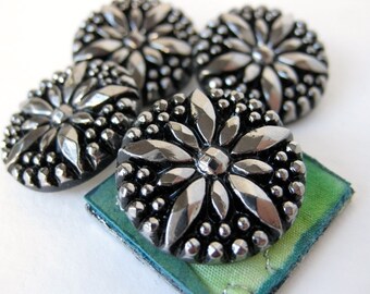Vintage Glass Buttons. Silver Star, Black Faceted Starburst, West Germany, 7/8 inch 22mm but0115pc2 (2)