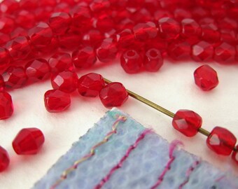 Vintage Glass Beads. Ruby Red Faceted 4mm vgb0348 (50)