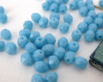 Vintage Glass Beads. Sky Blue Turquoise Faceted 4mm vgb0353 (50)