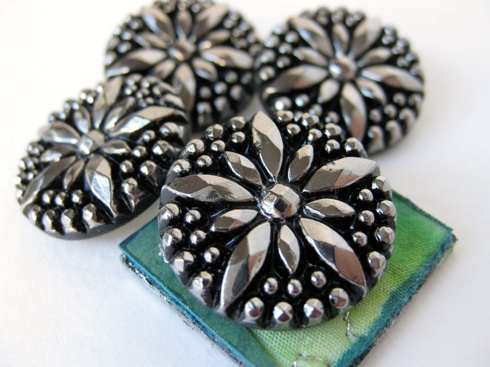 Vintage Glass Buttons. Silver Star Black Faceted Starburst