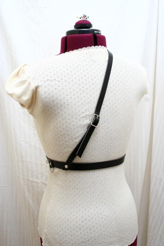 Raven Black Leather Harness Belt Slanted Strap by AudraJean