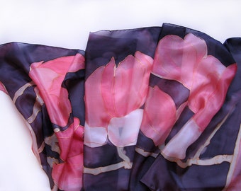 Blushing Magnolias silk scarf paint by hand. Floral Hand painted shawl in pink and black. Long floral silk scarf. MADE TO ORDER