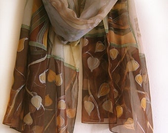 Hand painted silk chiffon scarf- Winter Cherry/ Chocolate brown beige scarf/ Gossamer shawl in decorative style/ Birthday gifts for her
