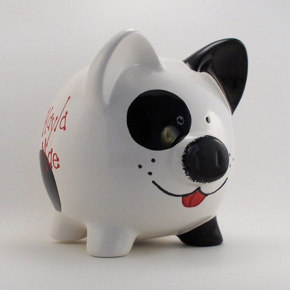 Black and White Puppy Dog Piggy Bank Personalized FREE