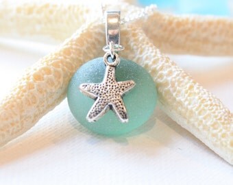Bridesmaids jewelry idea Sea Glass Light Green Sea glass with Tibetian silver starfish on a .925 Sterling Silver plated Necklace