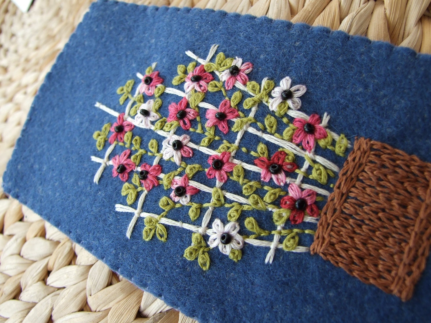 Pretty Blue Felt Hand Embroidered Glasses Case