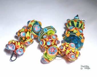 BOHO GARDEN Lampwork Beads Handmade Colorful Big BRight Red Blue Green Yellow LEaves Floral Set of 10
