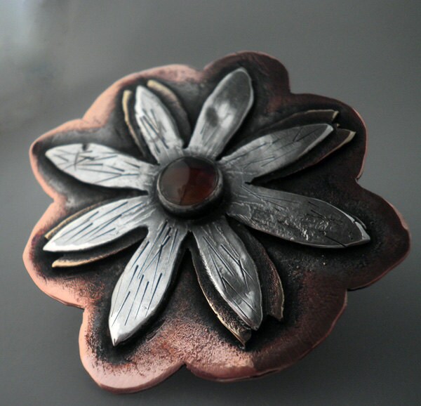Mixed Metals and Agate Flower Brooch Sterling by MetalworksJewelry