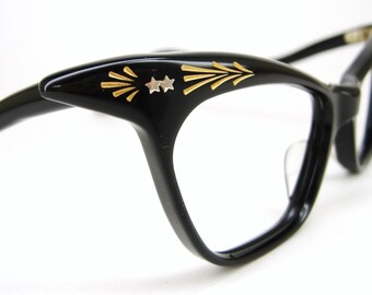 Vintage 50s Black Winged Cat Eye Eyeglasses Frame France NOS