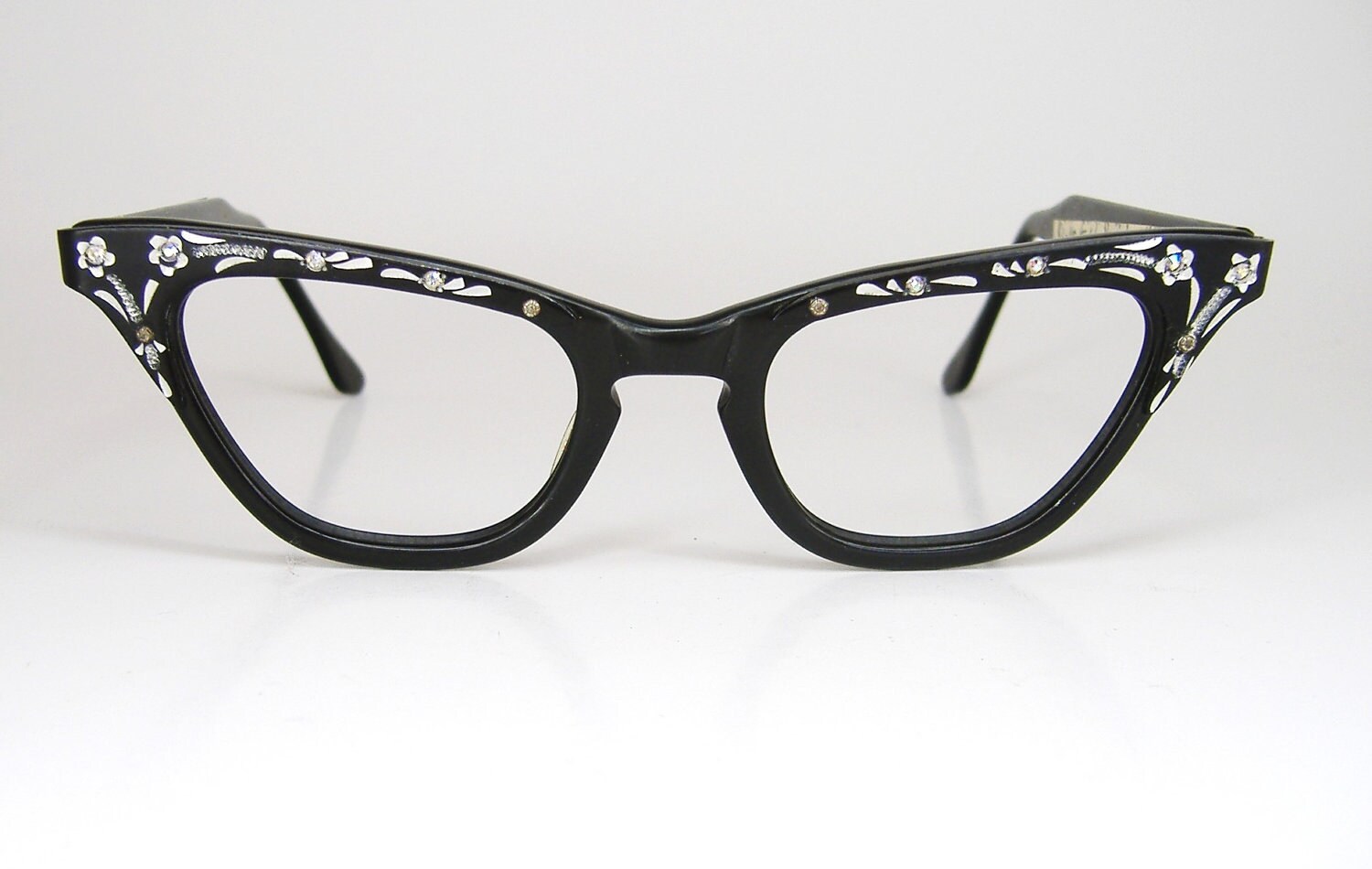 Vintage 50s Black Cat Eye Eyeglasses Frame With Flowers and