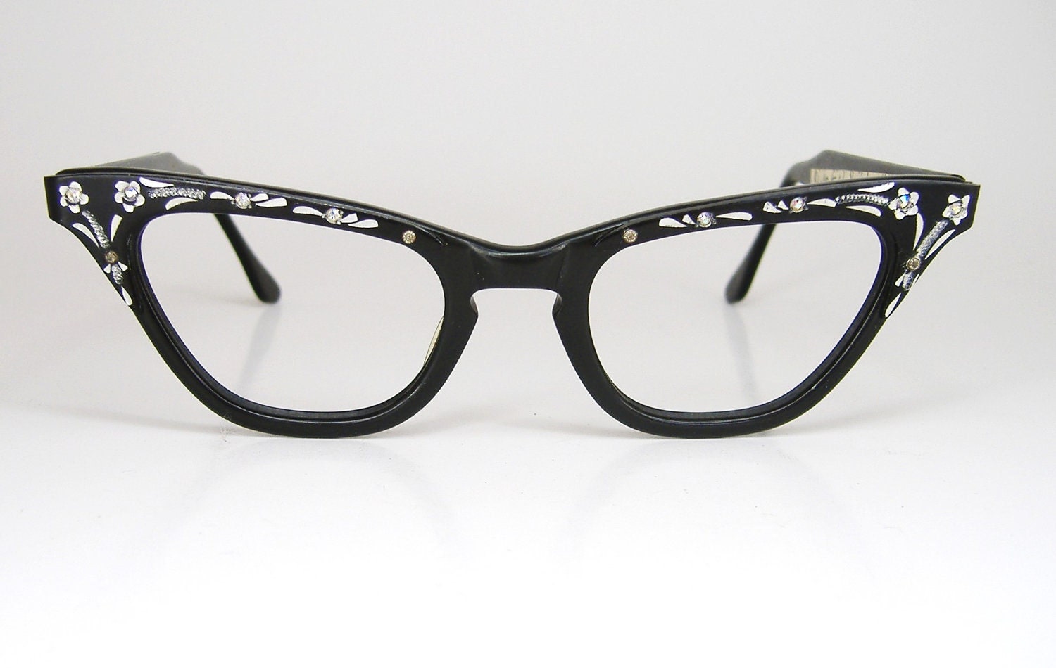 Vintage 50s Black Cat Eye Eyeglasses Frame With Flowers And