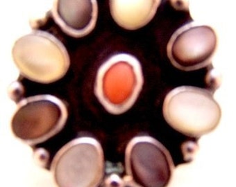 Stunning Sterling Silver, MOP, Abalone, Coral Ring.