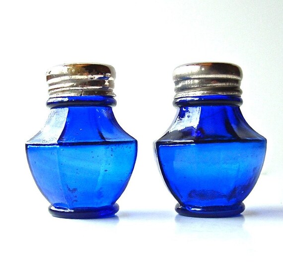 Vintage Salt and Pepper Shakers Cobalt Blue Glass with Silver