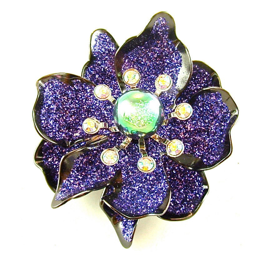 Signed Flower Brooch Purple Glitter Enamel Vintage Jewelry