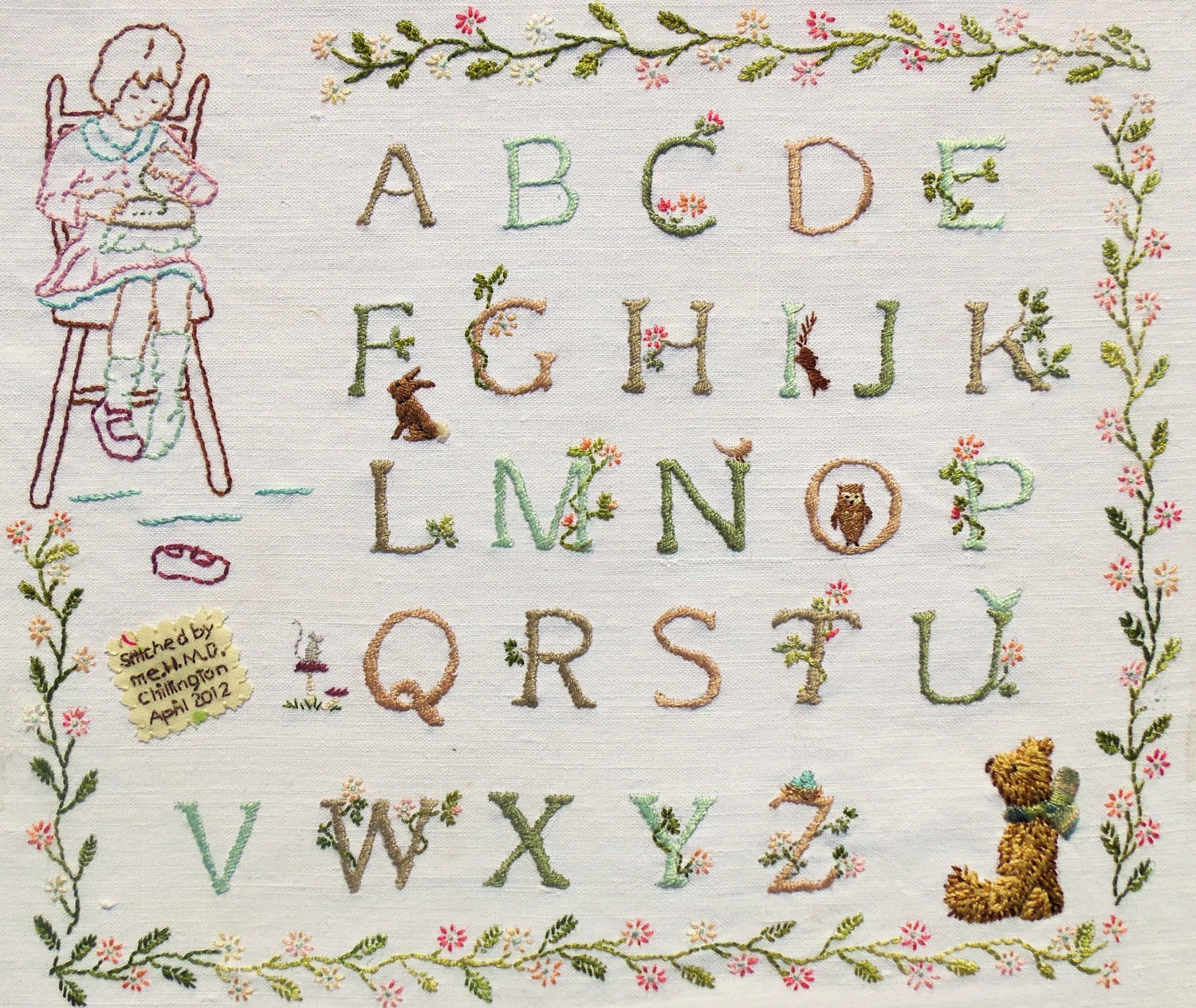 first stitches rosie bear alphabet sampler hand embroidery