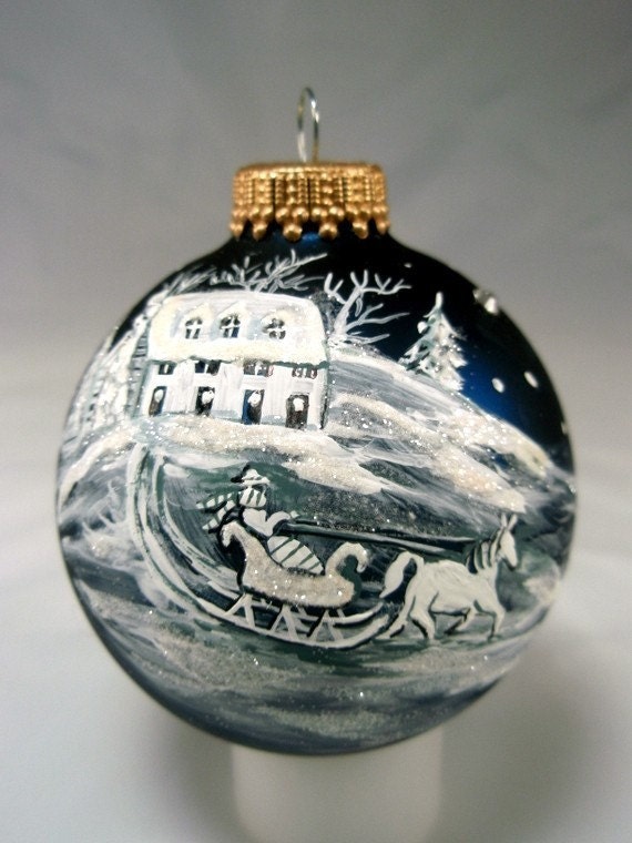Hand Painted Christmas  Glass  Ball Ornament Horse Drawn Sleigh