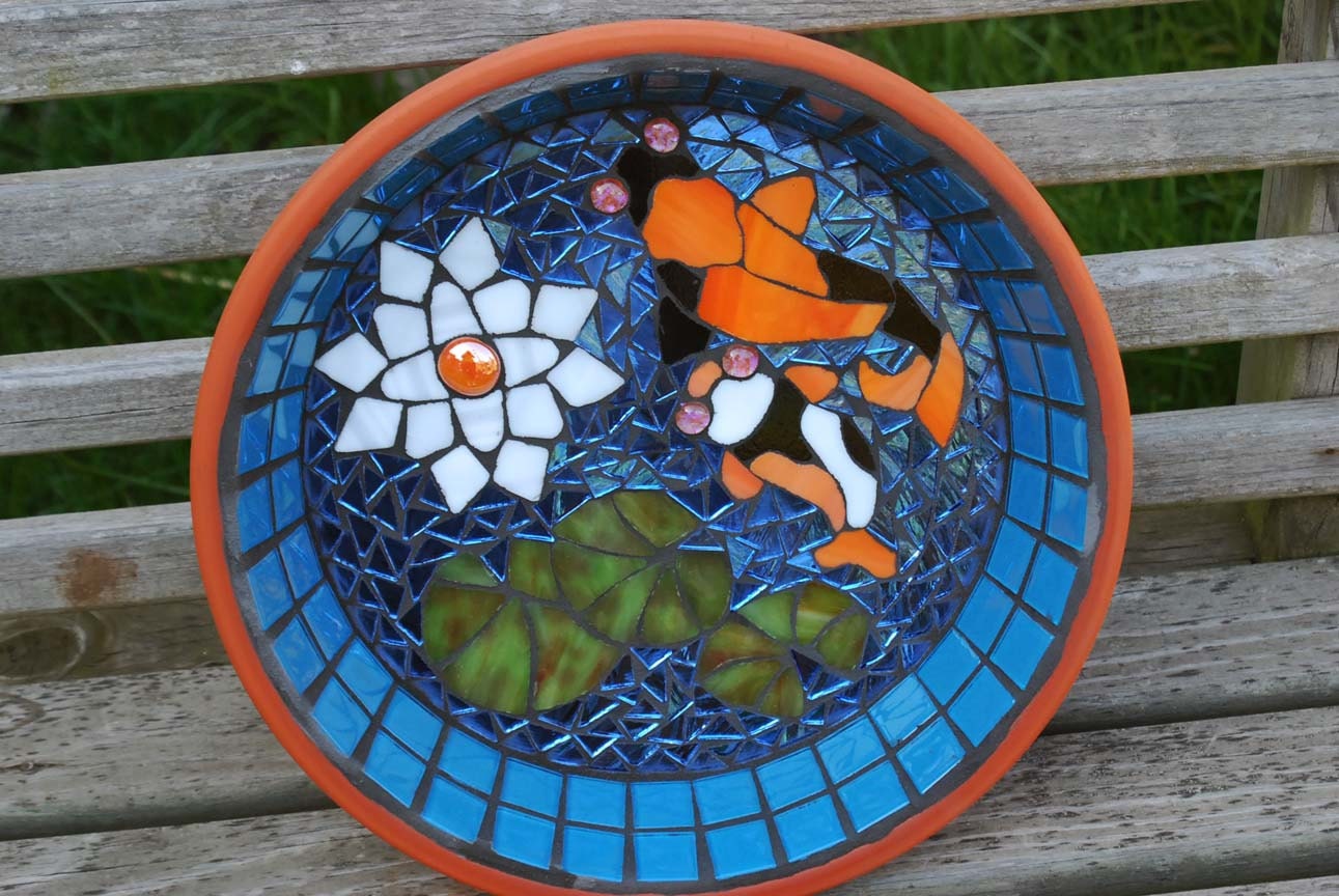 Koi Pond Bird Bath Stained Glass Mosaic Art
