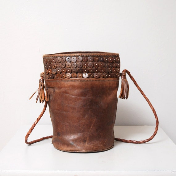1980s Brown Leather Purse Bucket Bag with by OldFaithfulVintage