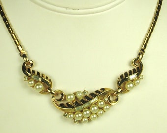 Vintage 1954 Trifari Faux Pearl and Rhinestone Necklace